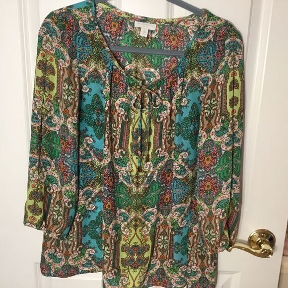 Charter Company Women’s Blouse in PL with 3/4 sleeve aqua, green, pink print - Picture 9 of 12